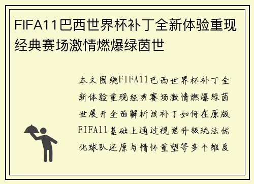 FIFA11巴西世界杯补丁全新体验重现经典赛场激情燃爆绿茵世